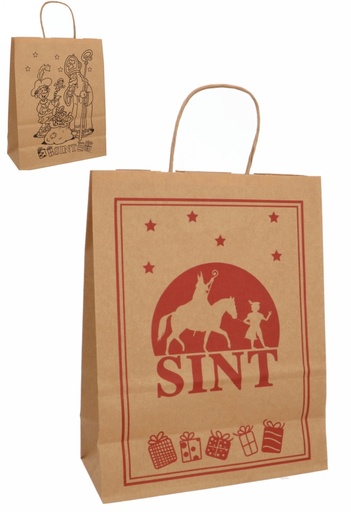 [K1220264] Papieren Draagtas & Handvat Sint & Kleurplaat Kraft 24x11x31cm 10stuks