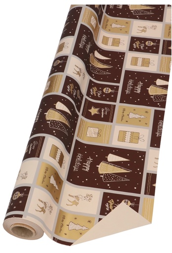 [K1080141] Cadeaufolie Dubbelzijdig Happy Holidays Bruin & Goud 70cm x 50meter