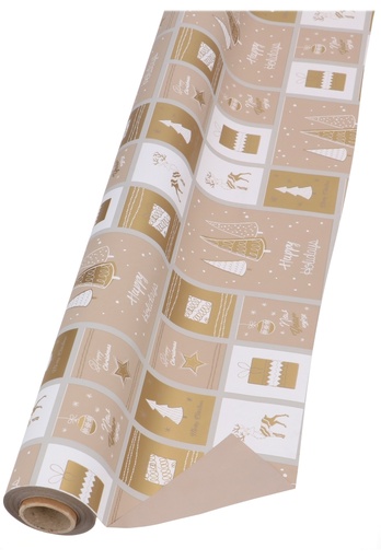 [K1080142] Cadeaufolie Dubbelzijdig Happy Holidays Taupe & Goud 70cm x 50meter