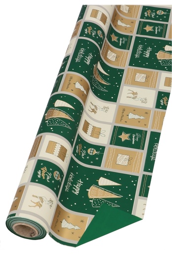 [K1080140] Cadeaufolie Dubbelzijdig Happy Holidays Groen & Goud 70cm x 50meter