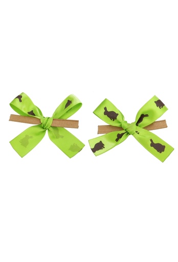 [K1420303] Strikje Satijn Groen Haas Chocolade Met Kraft Clip 7x4cm 250stuks