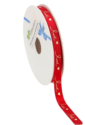 [K1391316] Satijn Lint Donker Rood Met Gouden Love 10mm x 25meter
