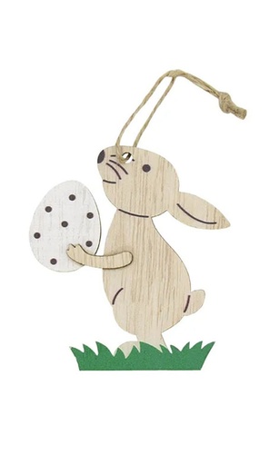 [K1340852] Houten Deco Haasje met Paasei Naturel & Koordje  6 x 7cm 24stuks